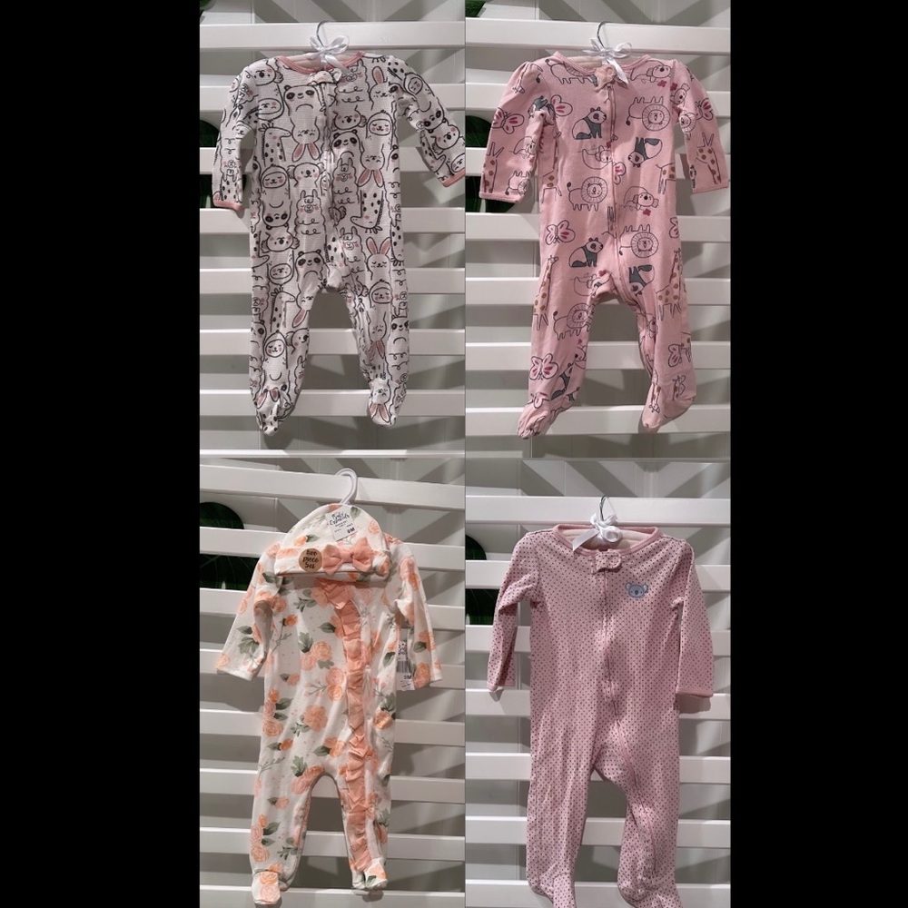 9M *sleepy bundle* 4 Zippered Onesies